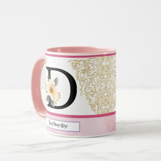 Botanical Letter D Mug – Soft Floral Initial with Mok (Voorkant links)