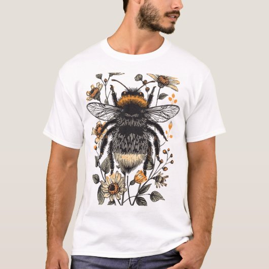 Botanical Linocut Bumblebee Design T-shirt (Voorkant)