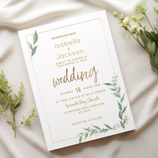 Botanical mint green gold greenery Wedding Kaart