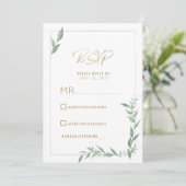 Botanical mint green gold greenery Wedding RSVP Kaart (Staand voorkant)