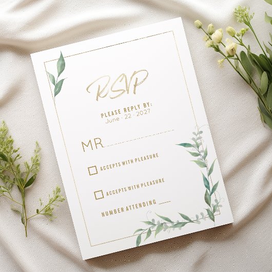 Botanical mint green gold greenery Wedding RSVP Kaart