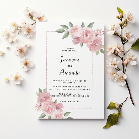 Botanical mint green pastel pink floral Wedding Kaart