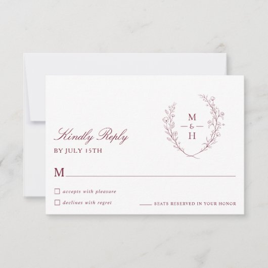Botanical Monogram Burgundy Script Wedding RSVP (Voorkant)