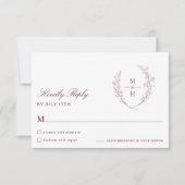 Botanical Monogram Burgundy Script Wedding RSVP Kaartje (Voorkant)