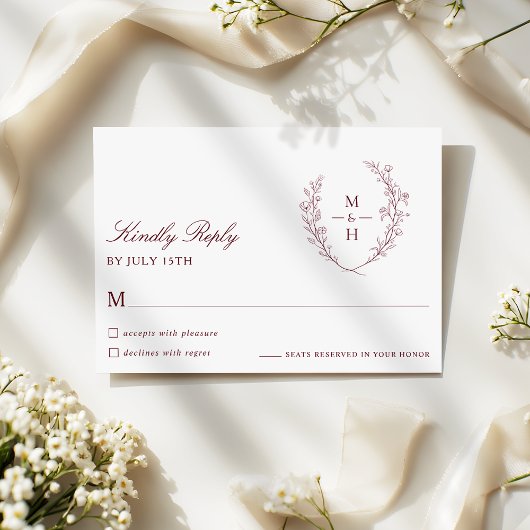 Botanical Monogram Burgundy Script Wedding RSVP Kaartje