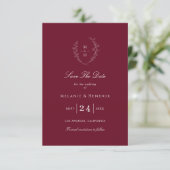 Botanical Monogram Elegant Burgundy Wedding Save The Date (Staand voorkant)