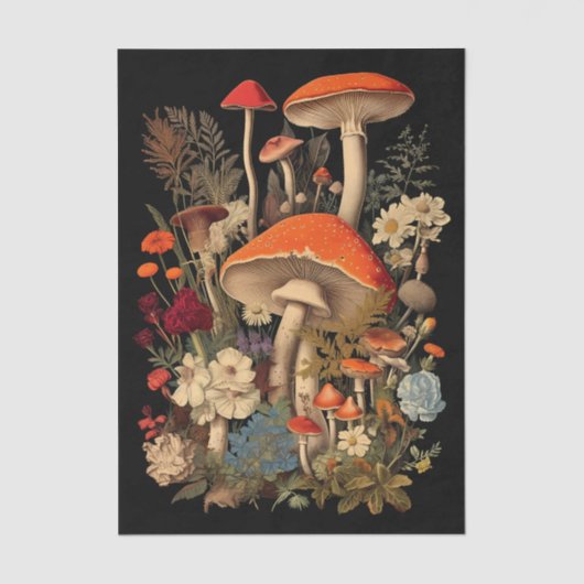 Botanical Mushrooms & Flowers on Black Background Tissuepapier (Voorkant)