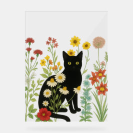 Botanical Nature – Black Cat in Wildflower Garden Acryl Bord