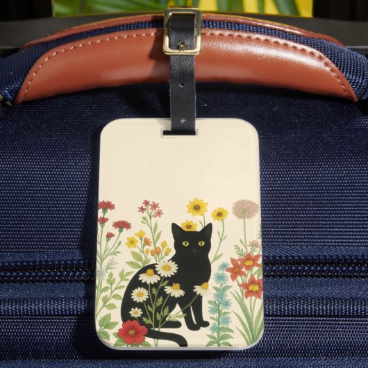 Botanical Nature – Black Cat in Wildflower Garden Bagagelabel (Voorkant Insitu 2)