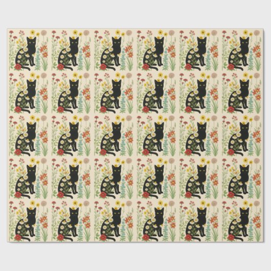 Botanical Nature – Black Cat in Wildflower Garden Cadeaupapier (Vlak)