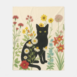 Botanical Nature – Black Cat in Wildflower Garden Fleece Deken