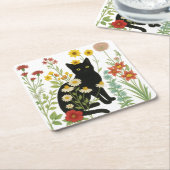 Botanical Nature – Black Cat in Wildflower Garden Kartonnen Onderzetters (Schuin)