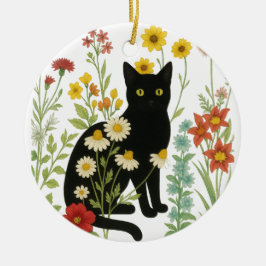 Botanical Nature – Black Cat in Wildflower Garden Keramisch Ornament