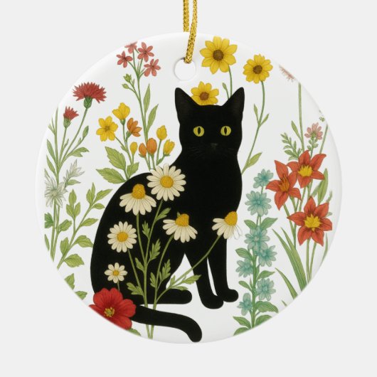 Botanical Nature – Black Cat in Wildflower Garden Keramisch Ornament (Voorkant)
