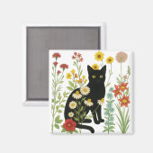 Botanical Nature – Black Cat in Wildflower Garden Magneet (Voorkant / Achterkant)