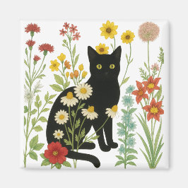 Botanical Nature – Black Cat in Wildflower Garden Magneet