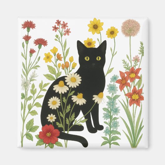 Botanical Nature – Black Cat in Wildflower Garden Magneet (Voorkant)