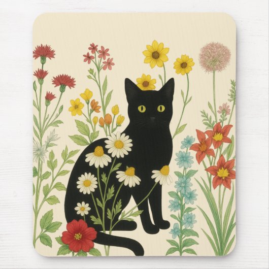 Botanical Nature – Black Cat in Wildflower Garden Muismat (Voorkant)