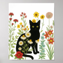 Botanical Nature – Black Cat in Wildflower Garden Poster