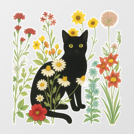 Botanical Nature – Black Cat in Wildflower Garden Raamsticker