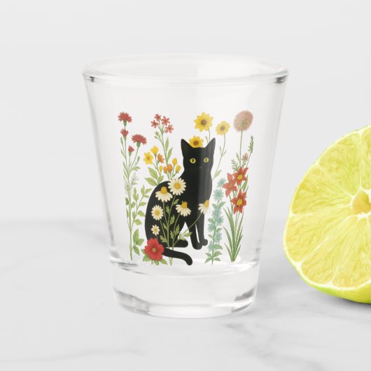 Botanical Nature – Black Cat in Wildflower Garden Shot Glas (Voorkant)