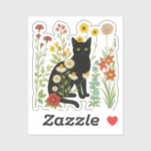  Botanical Nature – Black Cat in Wildflower Garden Sticker (Vel)