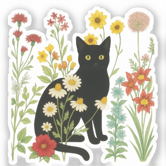  Botanical Nature – Black Cat in Wildflower Garden Sticker (Voorkant)