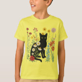 Botanical Nature – Black Cat in Wildflower Garden T-shirt (Voorkant)