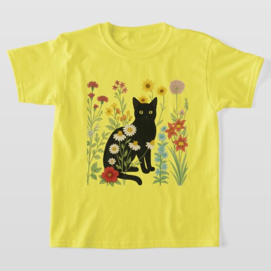 Botanical Nature – Black Cat in Wildflower Garden T-shirt (Laagn)