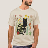 Botanical Nature – Black Cat in Wildflower Garden T-shirt (Voorkant)