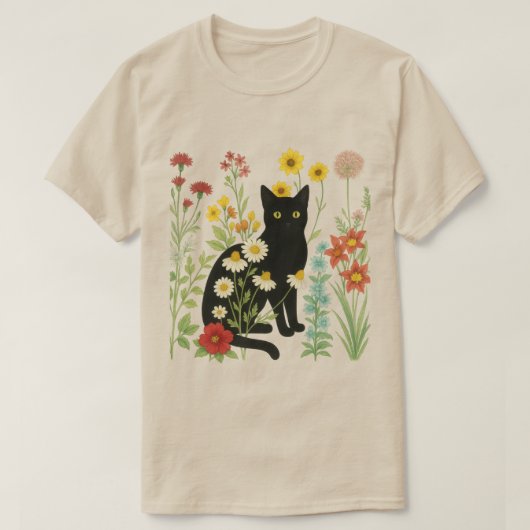 Botanical Nature – Black Cat in Wildflower Garden T-shirt (Design voorkant)
