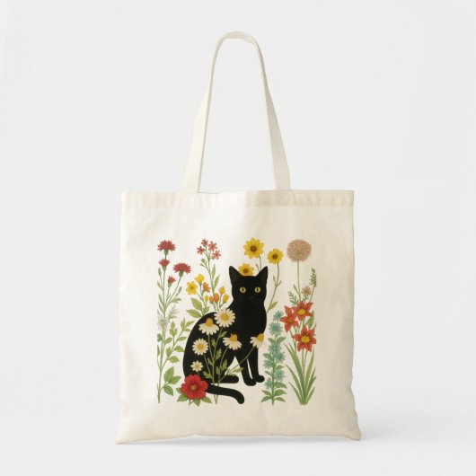  Botanical Nature – Black Cat in Wildflower Garden Tote Bag (Voorkant)