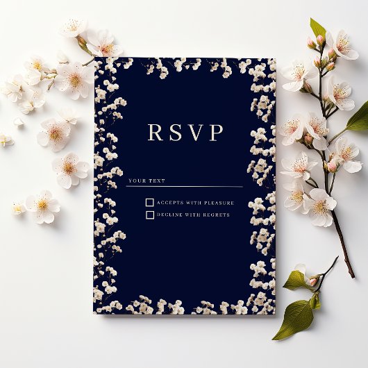 Botanical navy blue ivory gypsophila floral RSVP  Kaart