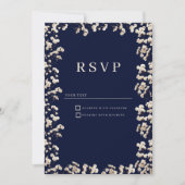 Botanical navy blue ivory gypsophila floral RSVP  Kaart (Voorkant)