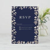 Botanical navy blue ivory gypsophila floral RSVP  Kaart (Staand voorkant)