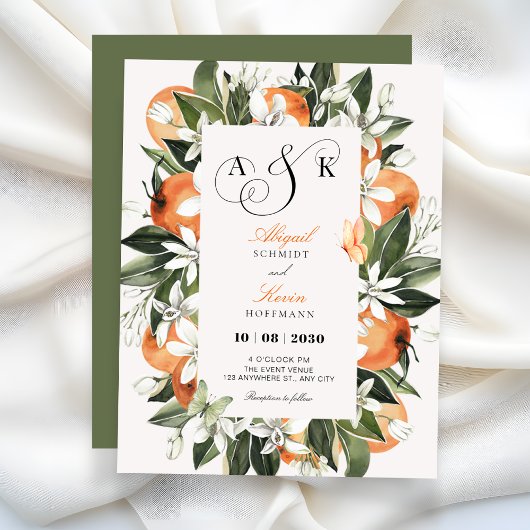 Botanical orange leaves watercolor wedding kaart