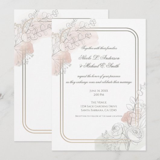 Botanical Outline Sage & Blush Floral Wedding Kaart (Voorkant / Achterkant)