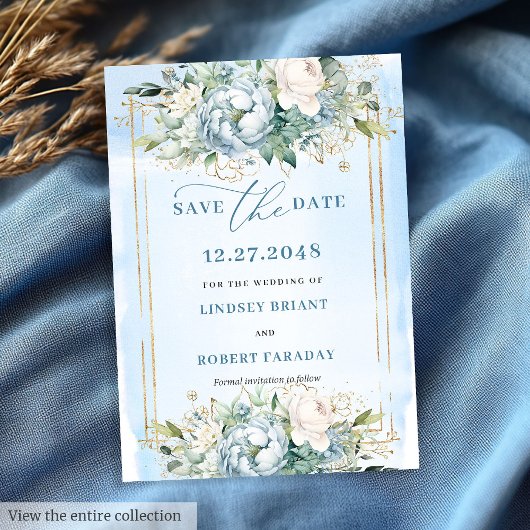 Botanical Pastel Blue White Gold Floral Save Date Kaart