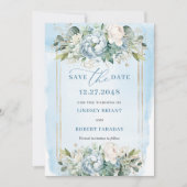 Botanical Pastel Blue White Gold Floral Save Date Kaart (Voorkant)