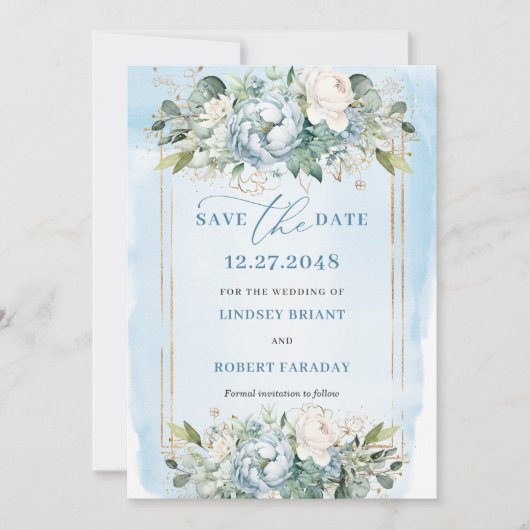 Botanical Pastel Blue White Gold Floral Save Date Kaart (Voorkant)