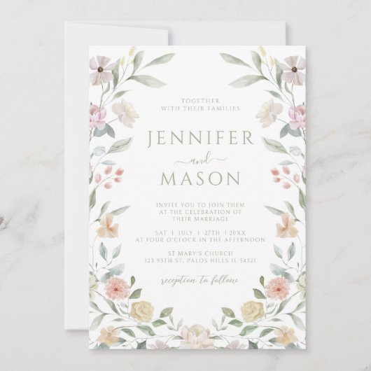 Botanical Pastel Flower Wreath Wedding Invitation Kaart (Voorkant)