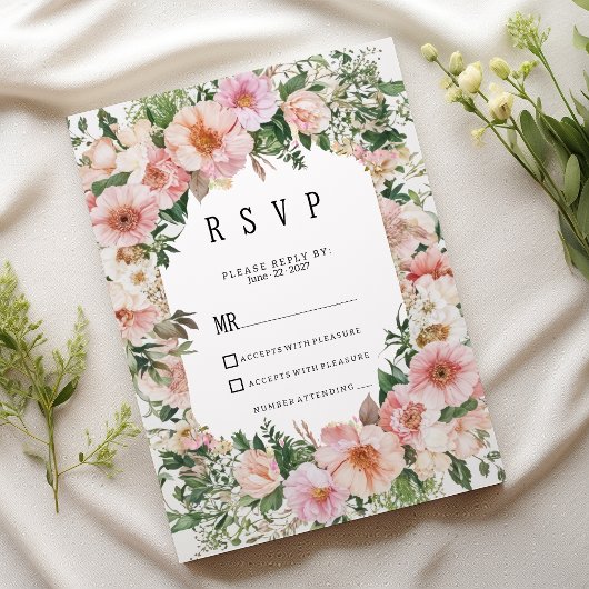 Botanical pink blossom summer floral RSVP  Kaart