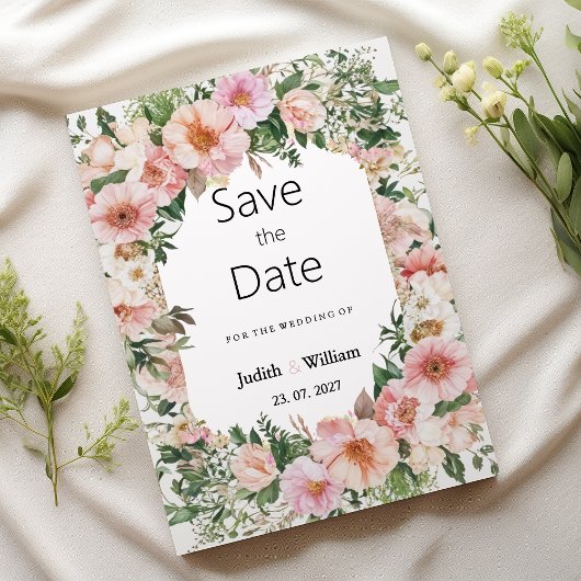 Botanical pink blossom summer floral Save the Date Kaart