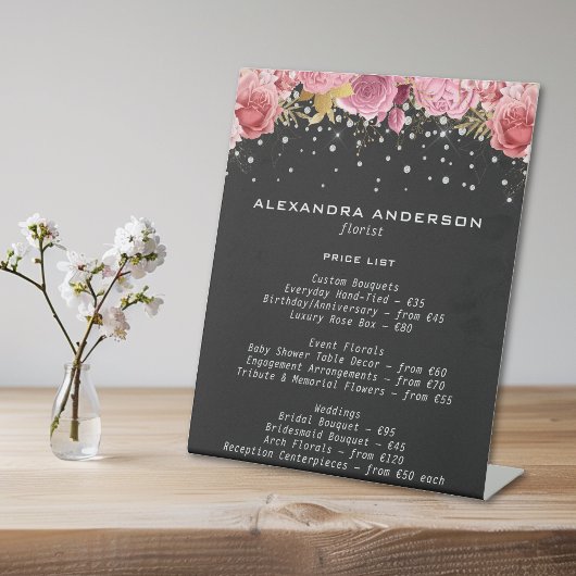 Botanical Pink Flowers Diamond Glitter Black Salon Reclamebord Met Voetstuk