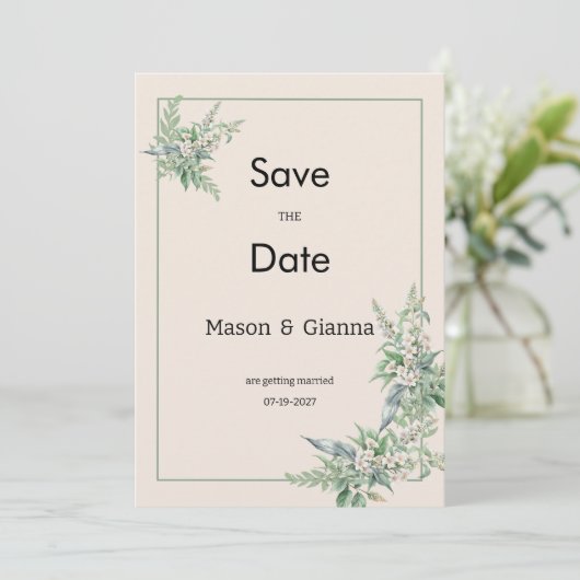 Botanical pink mint ivory floral Save the Date Kaart (Staand voorkant)