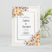Botanical pink orange gold floral country Wedding  Kaart (Staand voorkant)