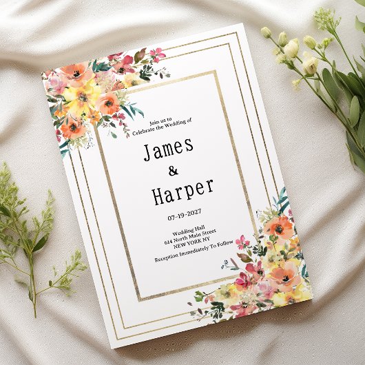 Botanical pink orange gold floral country Wedding  Kaart