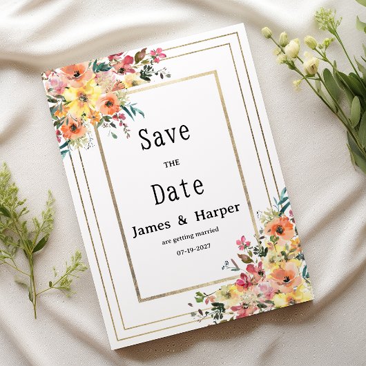 Botanical pink orange gold floral Save the Date Kaart