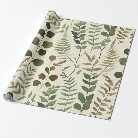 Botanical Pressed Leaves Pattern – Fern Print Cadeaupapier (Uitgerold)
