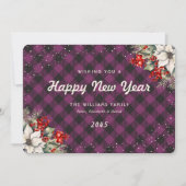 Botanical Purple Plaid Snow New Year Card Feestdagenkaart (Voorkant)